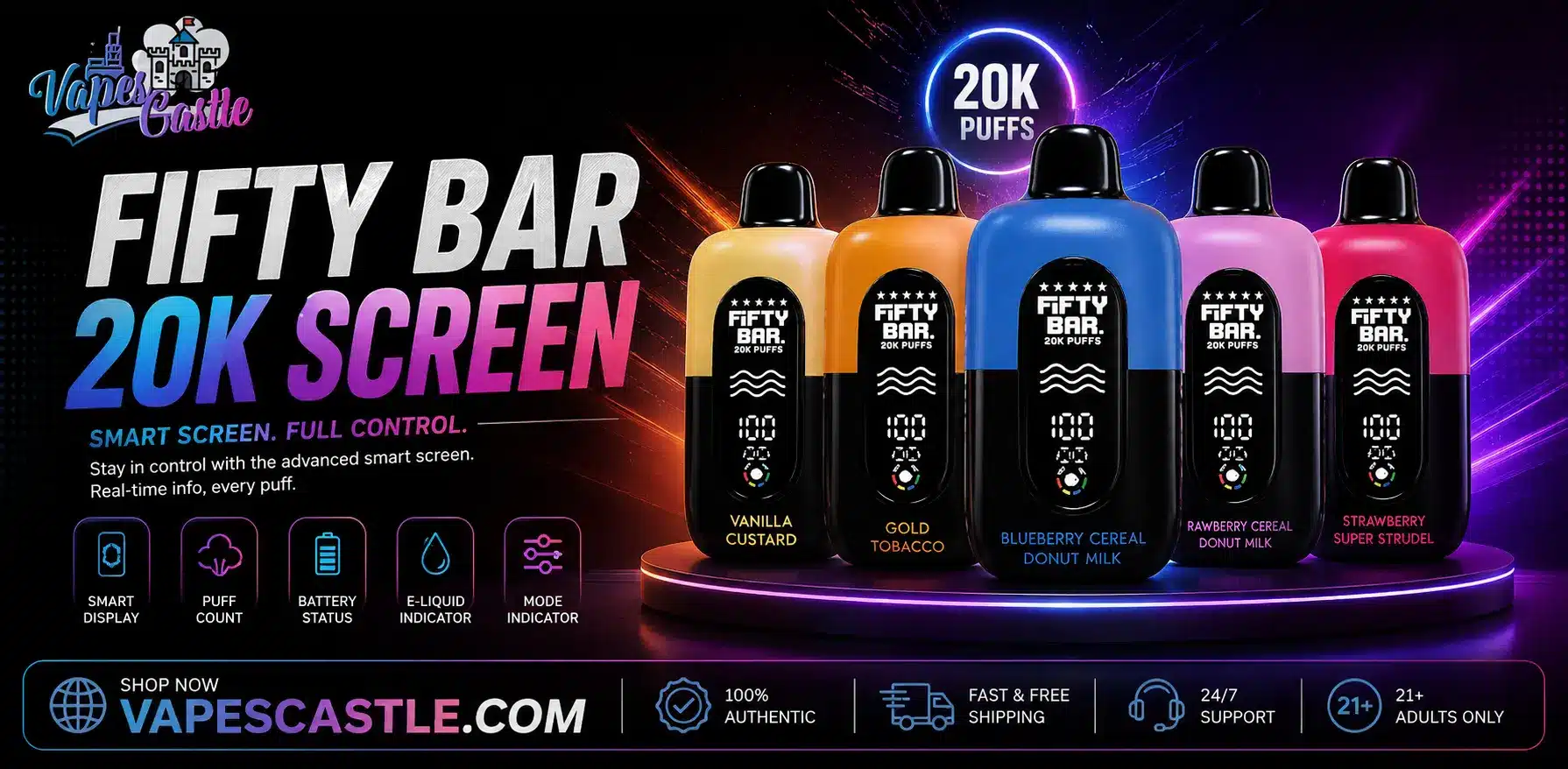 Fifty Bar 20K vape device featuring the integrated display screen