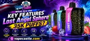 Lost Angel Sphere 35K Puffs vape featuring rechargeable battery, long-lasting e-liquid, smart LED display, and modern design