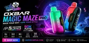 Oxbar Magic Maze Pro vape device showing its modern disposable vape design, compact body, display features, mouthpiece, and overall product appearance for users researching Oxbar Magic Maze Pro