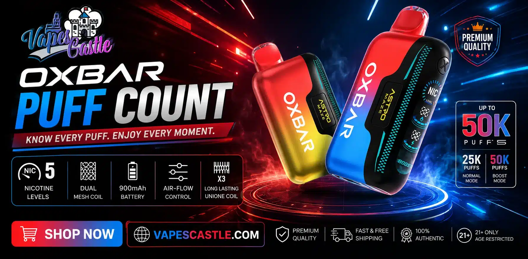 Oxbar puff count showing the estimated number of puffs available from Oxbar disposable vape devices, with the device design and puff capacity clearly displayed