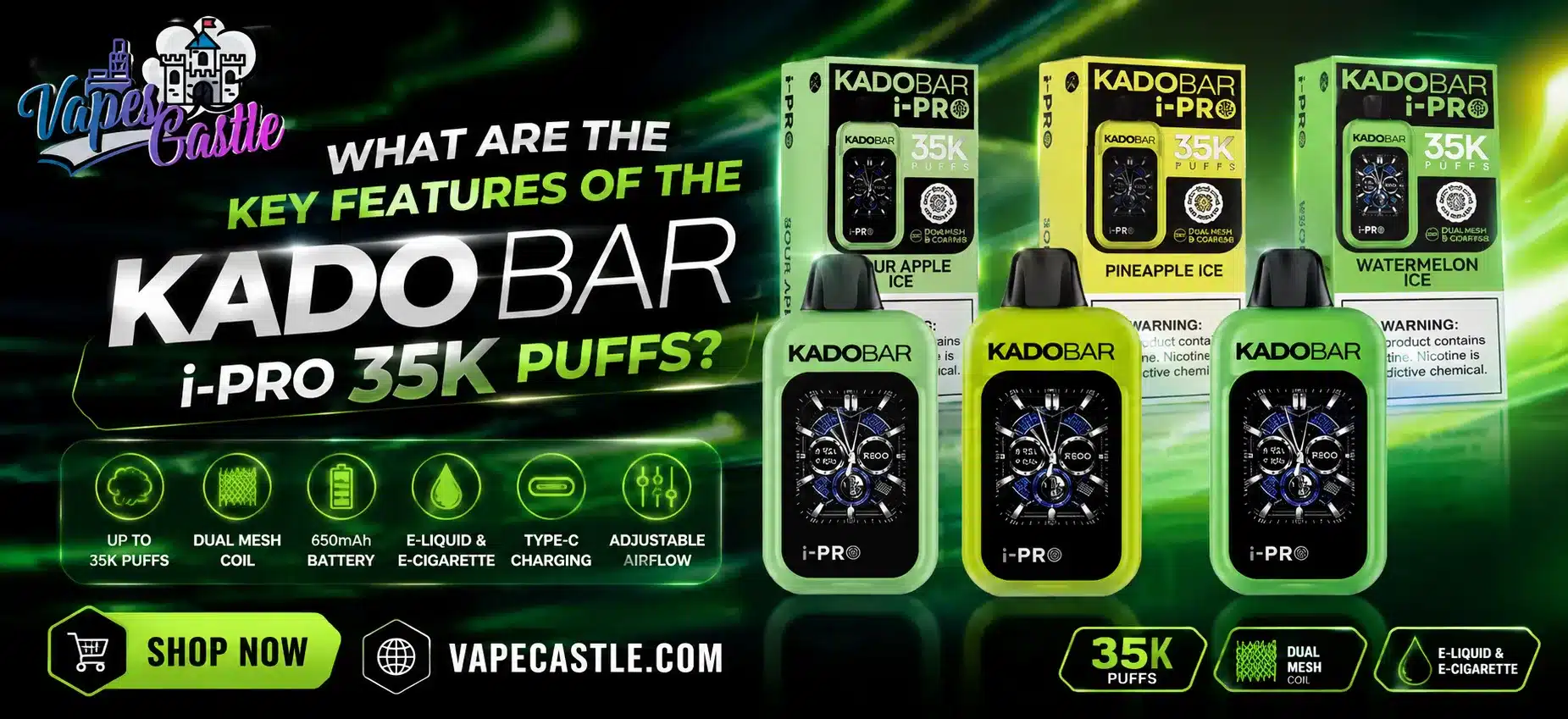 Kado Bar i-PRO 35K Puffs featured banner with Sour Apple Ice, Pineapple Ice, and Watermelon Ice flavors