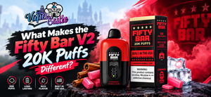 Fifty Bar V2 20K Puffs disposable vape featured with packaging and Vapes Castle branding