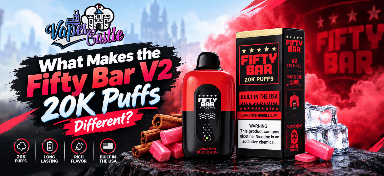 Fifty Bar V2 20K Puffs disposable vape featured with packaging and Vapes Castle branding