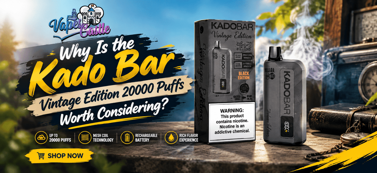 Kado Bar Vintage Edition 20000 Puffs vape with packaging, rechargeable battery, mesh coil technology, and flavor-focused features.