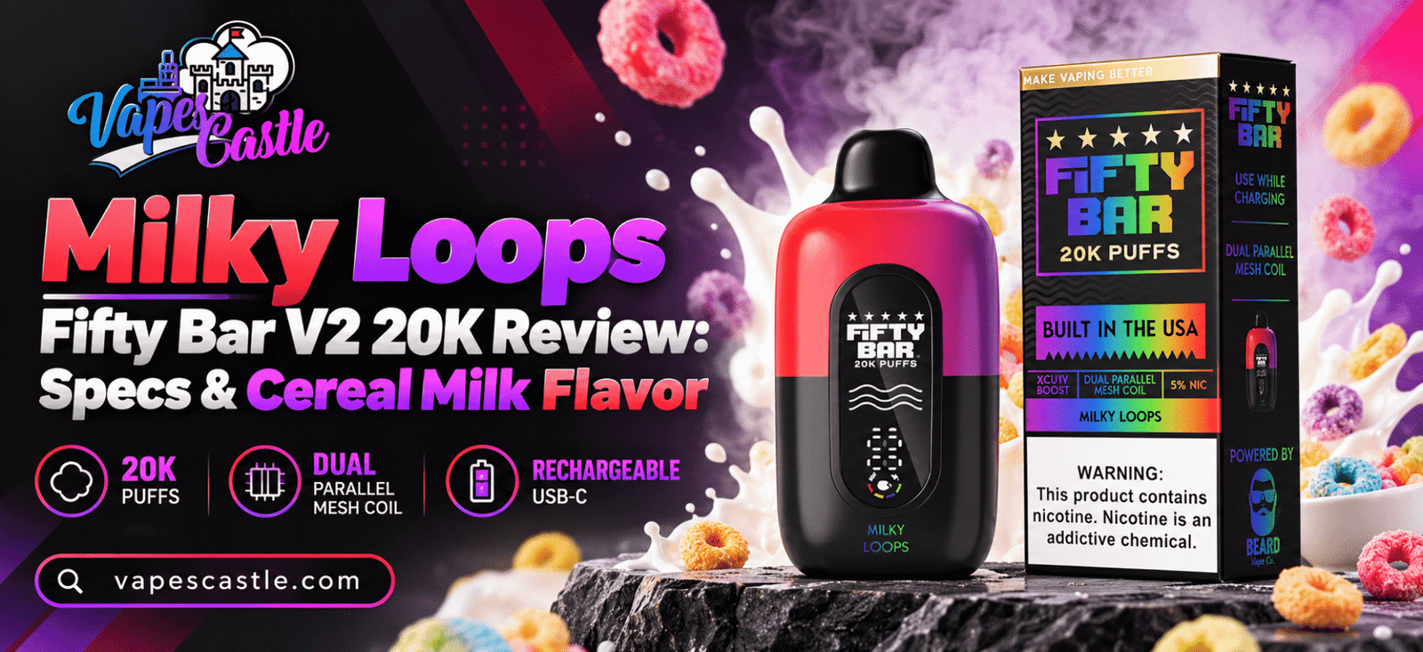 Milky Loops Fifty Bar V2 20K disposable vape with packaging, cereal milk background, and Vapes Castle branding