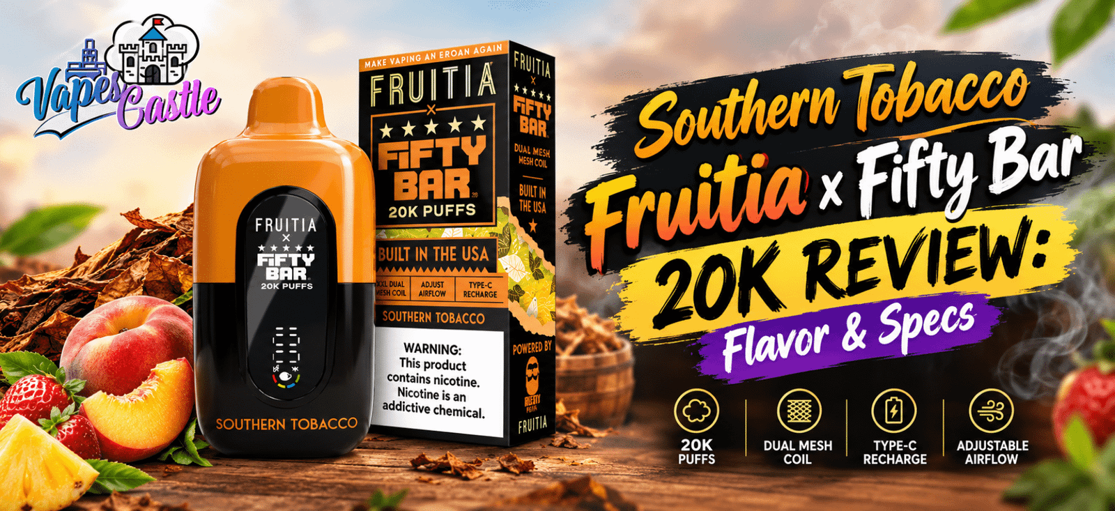 Southern Tobacco Fruitia x Fifty Bar 20K disposable vape featured image showcasing the orange and black device, product packaging, and flavor review details.