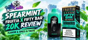 Spearmint Fruitia x Fifty Bar 20K disposable vape review featuring the mint-green device and packaging.