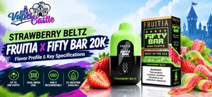 Strawberry Beltz Fruitia x Fifty Bar 20K vape device and packaging featuring a green and black design, displayed with strawberries and sour candy belts.