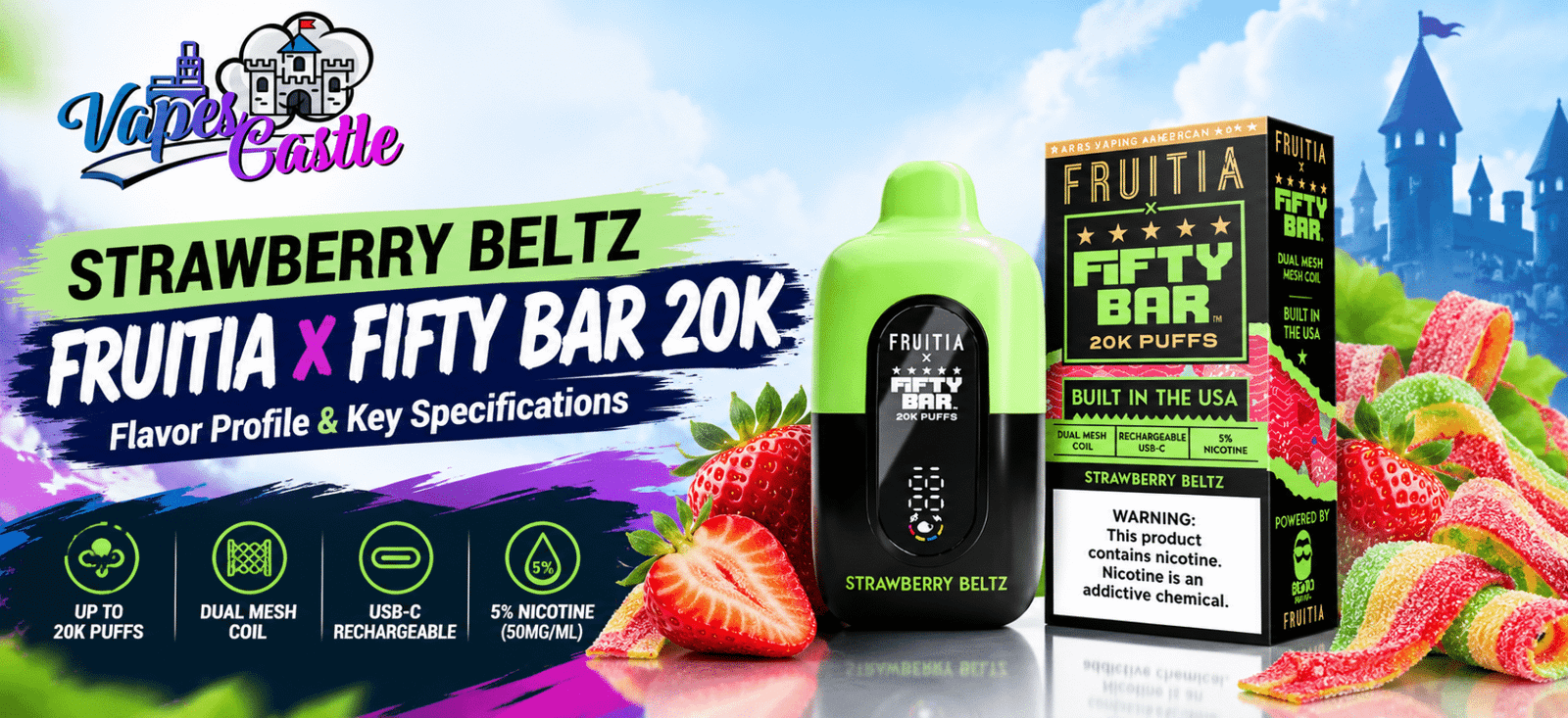 Strawberry Beltz Fruitia x Fifty Bar 20K vape device and packaging featuring a green and black design, displayed with strawberries and sour candy belts.